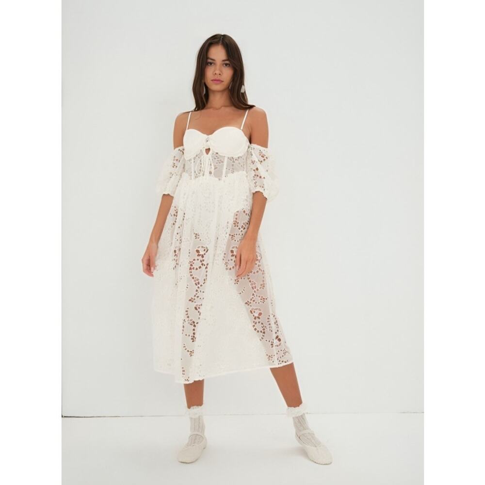 For Love & Lemons Romi Midi‎ Dress in White Small Floral Eyelet Puff Sleeve